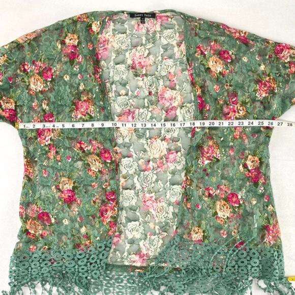 Sweet Rain Sage Floral Mesh Fringe Cardigan Cover Up Shawl Sz Medium - Picture 9 of 11